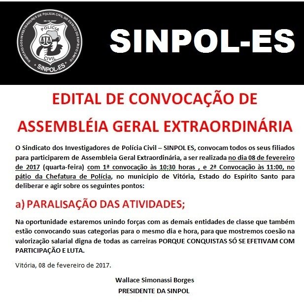 EDITAL DE CONVOCAÇÃO DE ASSEMBLÉIA GERAL EXTRAORDINÁRIA SINPOL