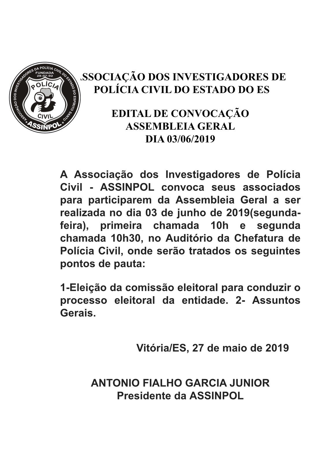 Edital Convocação Assembleia Geral Dia 03/06/2019