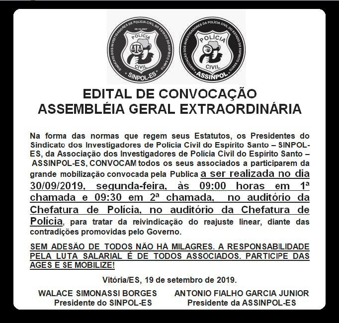 EDITAL DE CONVOCAÇÃO ASSEMBLEIA GERAL EXTRAORDINÁRIA DIA 30/09/019
