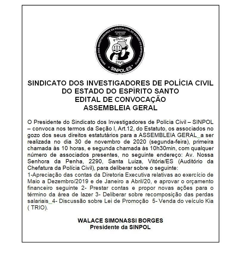 EDITAL DE CONVOCAÇÃO ASSEMBLEIA DIA 30/11